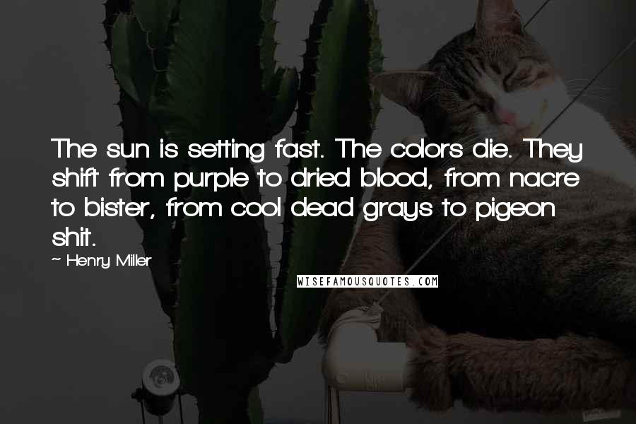 Henry Miller Quotes: The sun is setting fast. The colors die. They shift from purple to dried blood, from nacre to bister, from cool dead grays to pigeon shit.