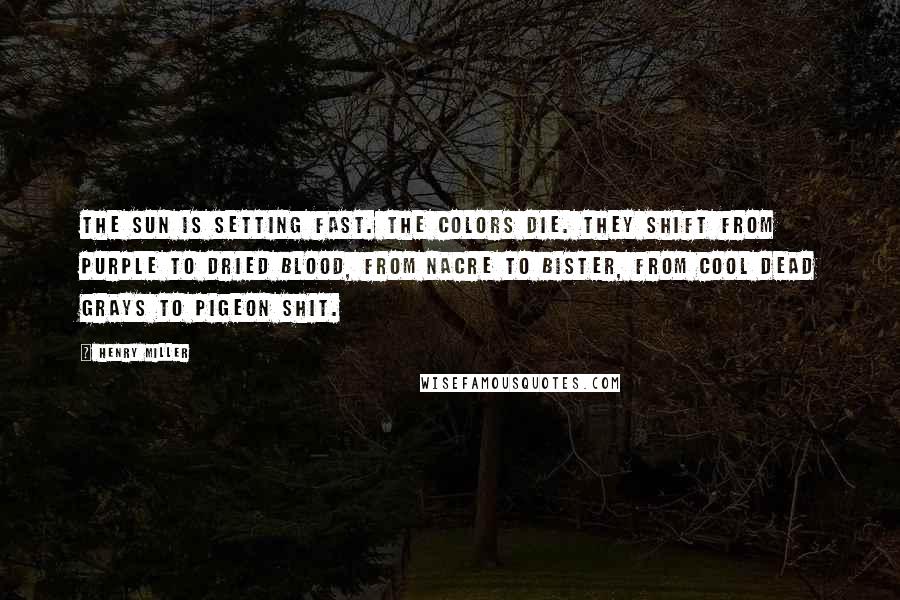 Henry Miller Quotes: The sun is setting fast. The colors die. They shift from purple to dried blood, from nacre to bister, from cool dead grays to pigeon shit.