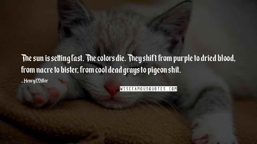 Henry Miller Quotes: The sun is setting fast. The colors die. They shift from purple to dried blood, from nacre to bister, from cool dead grays to pigeon shit.