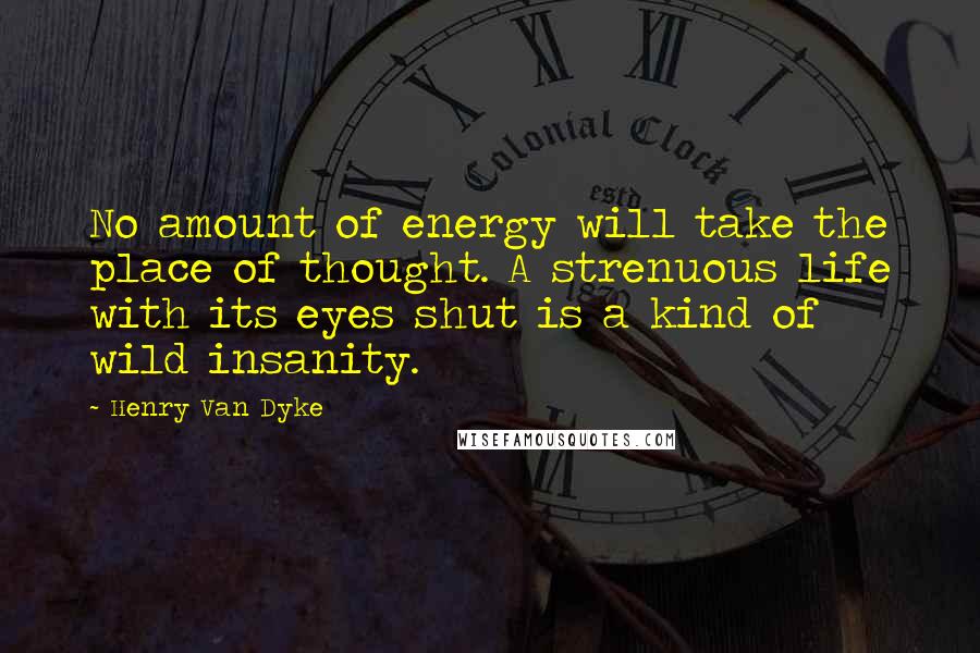 Henry Van Dyke Quotes: No amount of energy will take the place of thought. A strenuous life with its eyes shut is a kind of wild insanity.