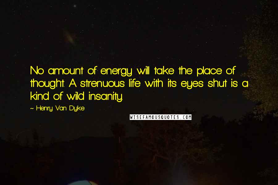 Henry Van Dyke Quotes: No amount of energy will take the place of thought. A strenuous life with its eyes shut is a kind of wild insanity.