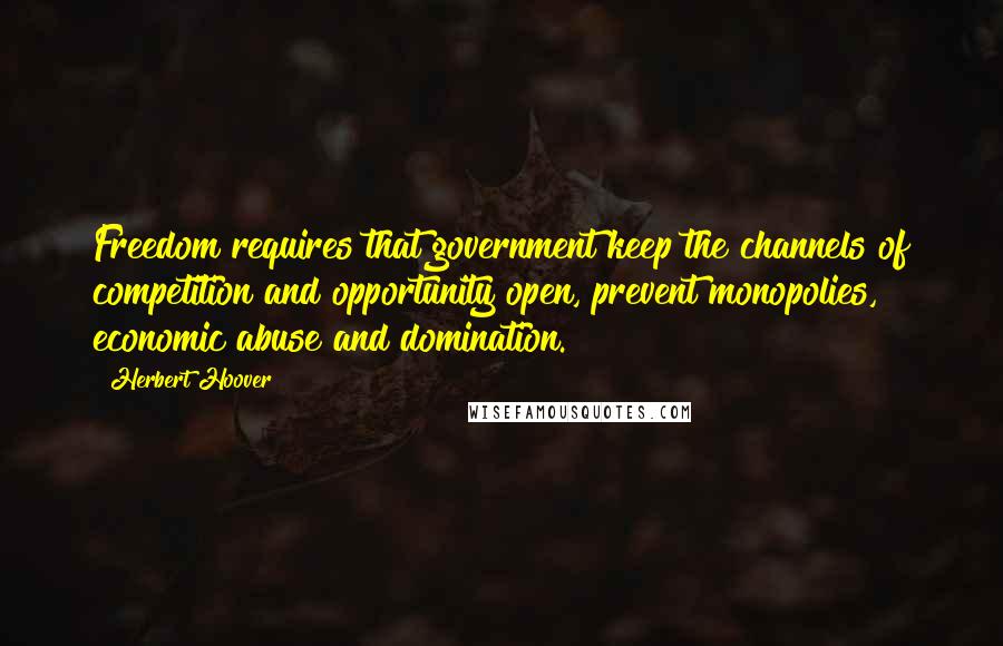 Herbert Hoover Quotes: Freedom requires that government keep the channels of competition and opportunity open, prevent monopolies, economic abuse and domination.