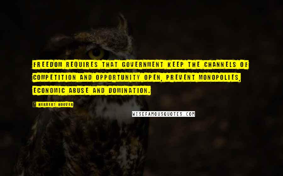 Herbert Hoover Quotes: Freedom requires that government keep the channels of competition and opportunity open, prevent monopolies, economic abuse and domination.