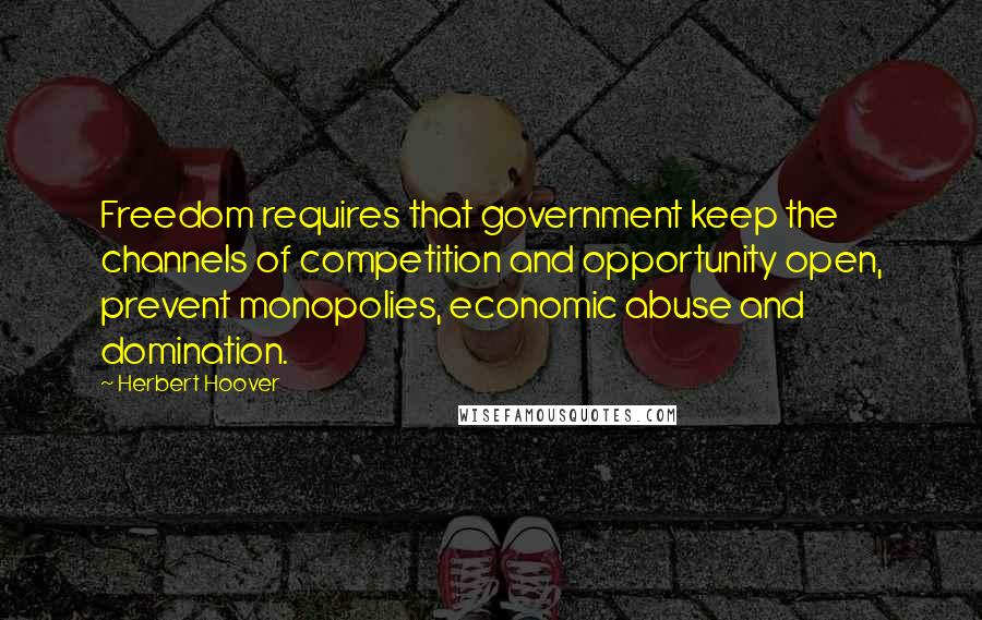 Herbert Hoover Quotes: Freedom requires that government keep the channels of competition and opportunity open, prevent monopolies, economic abuse and domination.