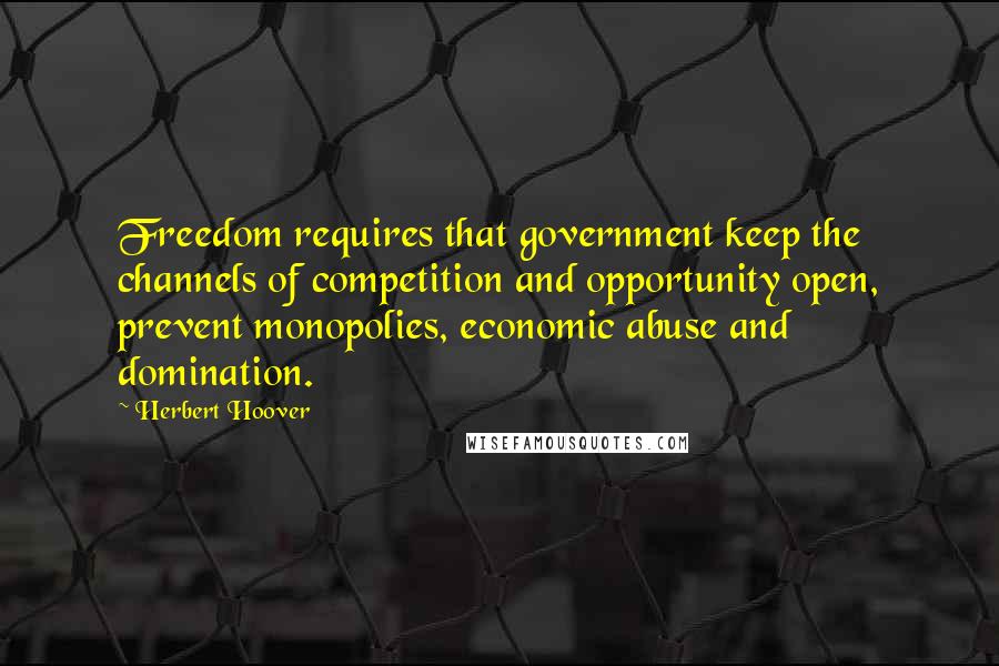 Herbert Hoover Quotes: Freedom requires that government keep the channels of competition and opportunity open, prevent monopolies, economic abuse and domination.