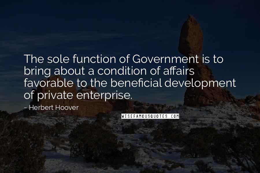 Herbert Hoover Quotes: The sole function of Government is to bring about a condition of affairs favorable to the beneficial development of private enterprise.