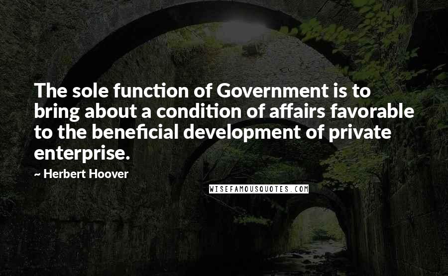 Herbert Hoover Quotes: The sole function of Government is to bring about a condition of affairs favorable to the beneficial development of private enterprise.