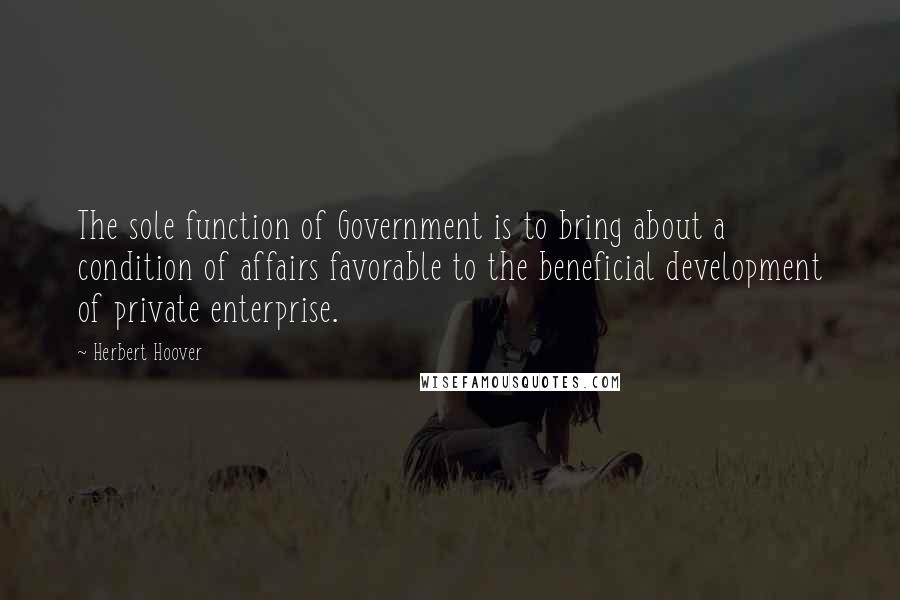 Herbert Hoover Quotes: The sole function of Government is to bring about a condition of affairs favorable to the beneficial development of private enterprise.