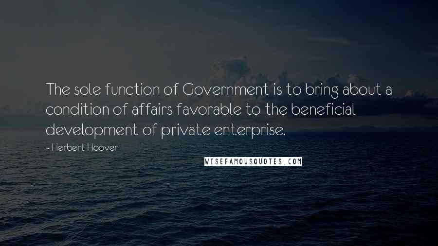 Herbert Hoover Quotes: The sole function of Government is to bring about a condition of affairs favorable to the beneficial development of private enterprise.