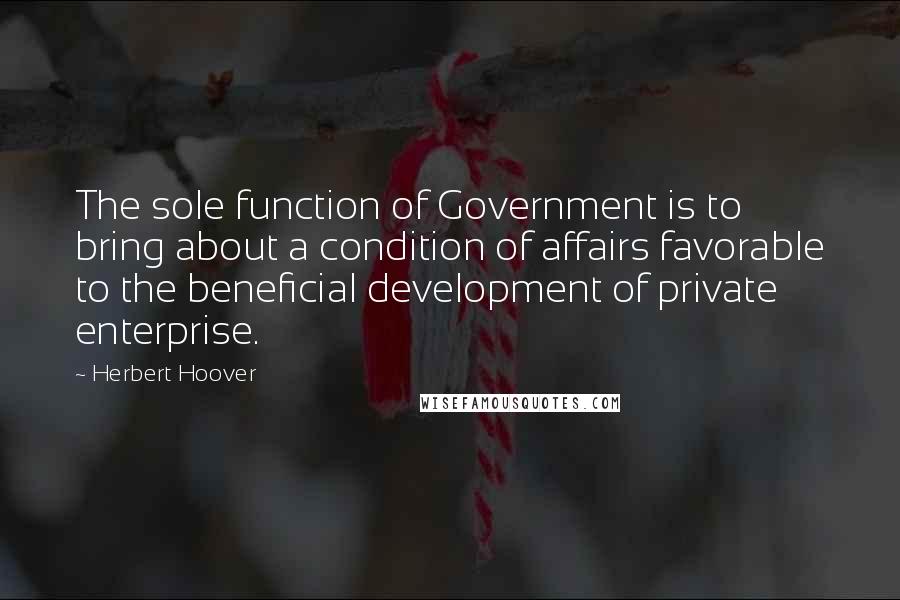 Herbert Hoover Quotes: The sole function of Government is to bring about a condition of affairs favorable to the beneficial development of private enterprise.