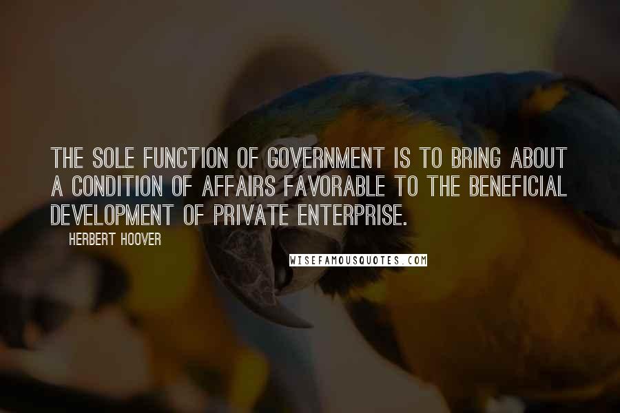Herbert Hoover Quotes: The sole function of Government is to bring about a condition of affairs favorable to the beneficial development of private enterprise.