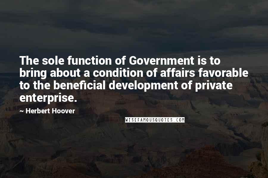 Herbert Hoover Quotes: The sole function of Government is to bring about a condition of affairs favorable to the beneficial development of private enterprise.