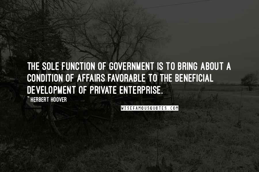 Herbert Hoover Quotes: The sole function of Government is to bring about a condition of affairs favorable to the beneficial development of private enterprise.