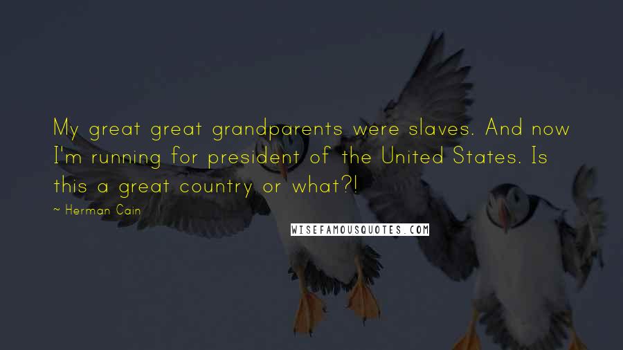 Herman Cain Quotes: My great great grandparents were slaves. And now I'm running for president of the United States. Is this a great country or what?!