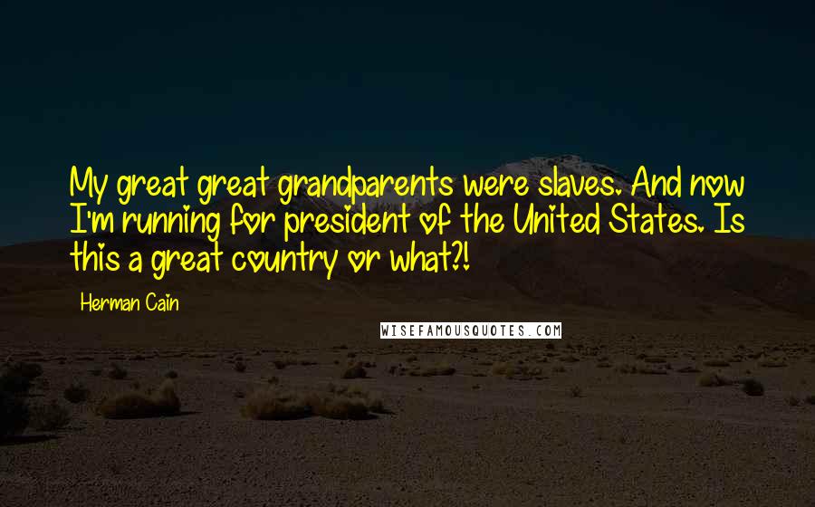 Herman Cain Quotes: My great great grandparents were slaves. And now I'm running for president of the United States. Is this a great country or what?!