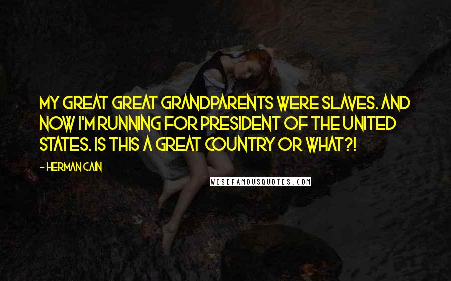 Herman Cain Quotes: My great great grandparents were slaves. And now I'm running for president of the United States. Is this a great country or what?!