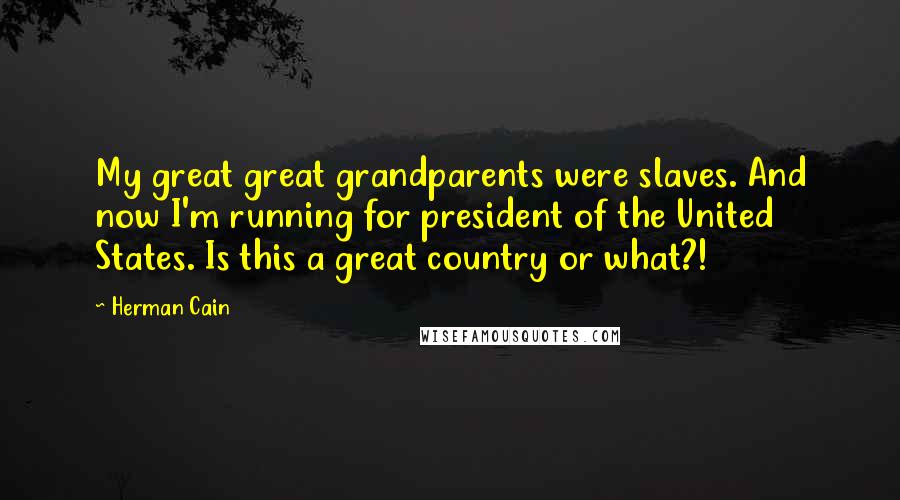 Herman Cain Quotes: My great great grandparents were slaves. And now I'm running for president of the United States. Is this a great country or what?!