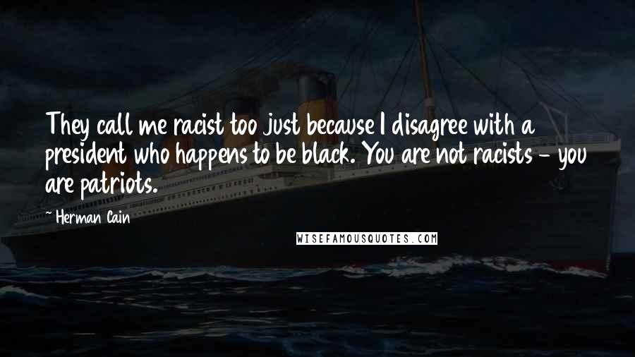 Herman Cain Quotes: They call me racist too just because I disagree with a president who happens to be black. You are not racists - you are patriots.