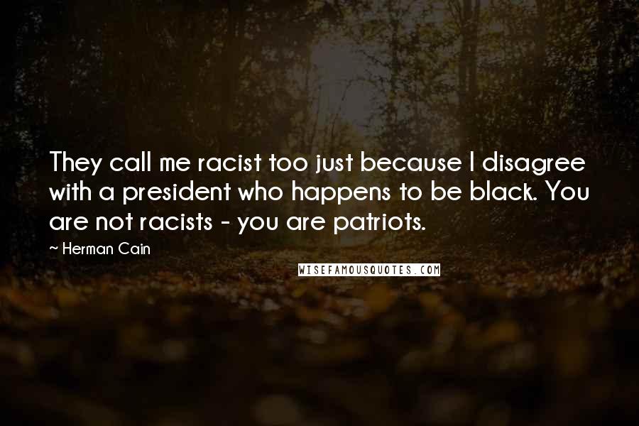 Herman Cain Quotes: They call me racist too just because I disagree with a president who happens to be black. You are not racists - you are patriots.