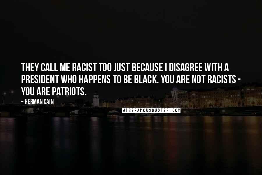 Herman Cain Quotes: They call me racist too just because I disagree with a president who happens to be black. You are not racists - you are patriots.