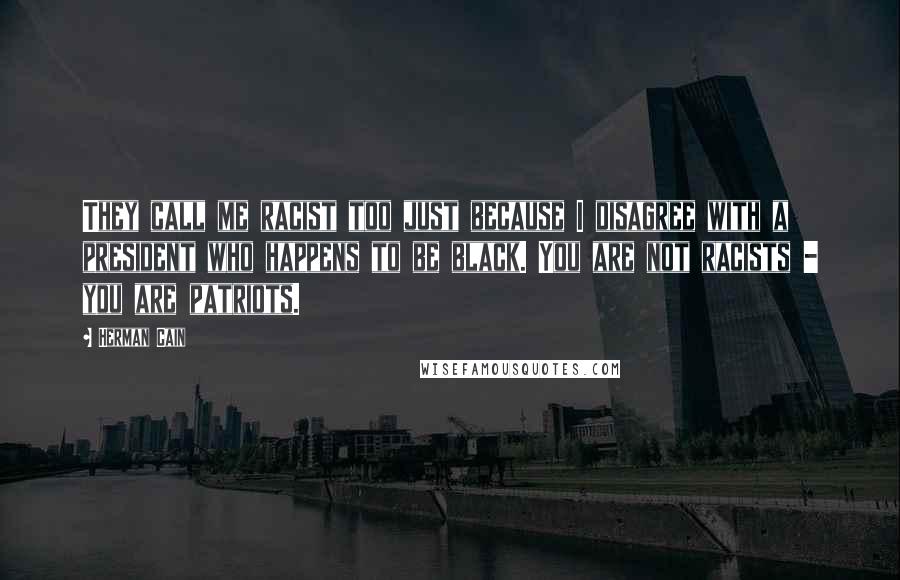 Herman Cain Quotes: They call me racist too just because I disagree with a president who happens to be black. You are not racists - you are patriots.
