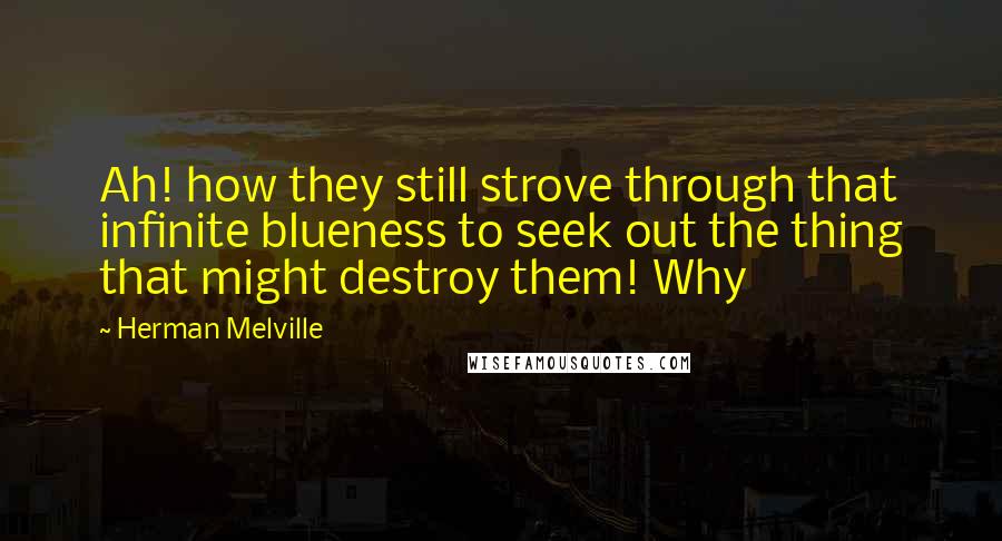 Herman Melville Quotes: Ah! how they still strove through that infinite blueness to seek out the thing that might destroy them! Why