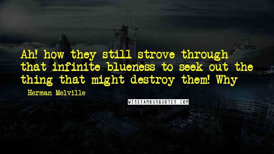 Herman Melville Quotes: Ah! how they still strove through that infinite blueness to seek out the thing that might destroy them! Why