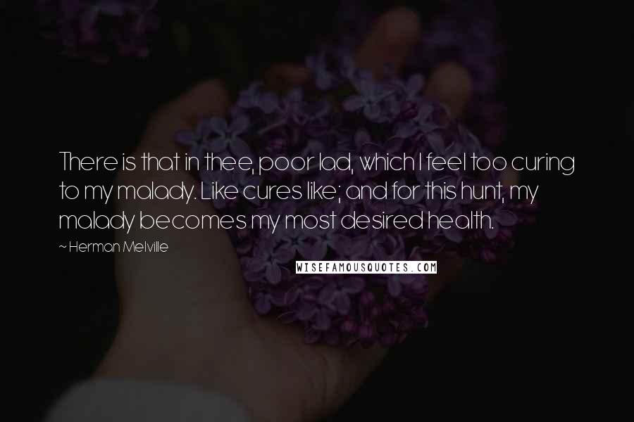 Herman Melville Quotes: There is that in thee, poor lad, which I feel too curing to my malady. Like cures like; and for this hunt, my malady becomes my most desired health.