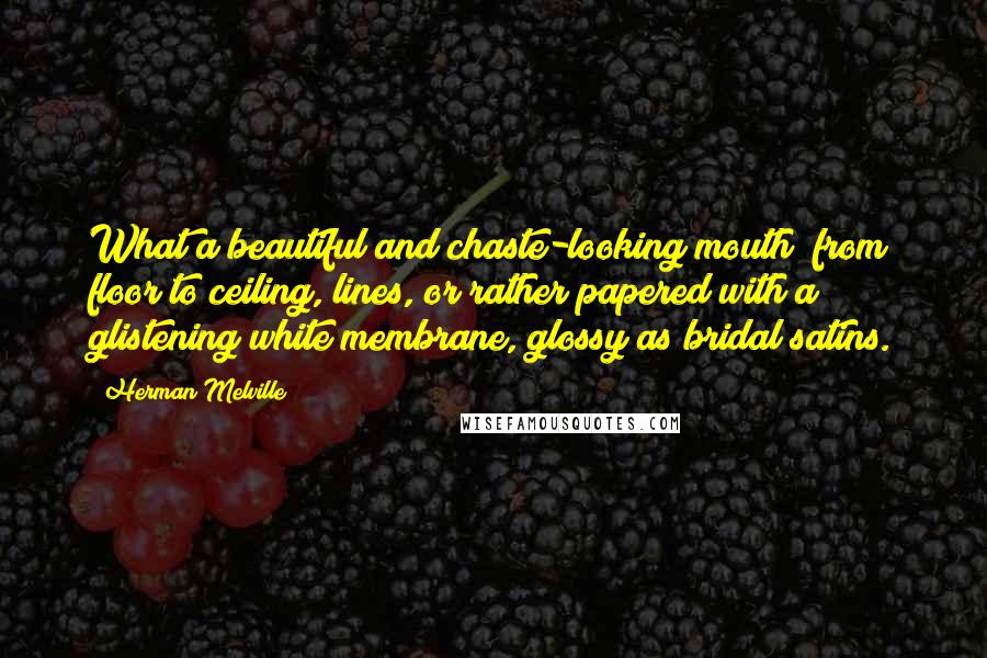 Herman Melville Quotes: What a beautiful and chaste-looking mouth! from floor to ceiling, lines, or rather papered with a glistening white membrane, glossy as bridal satins.