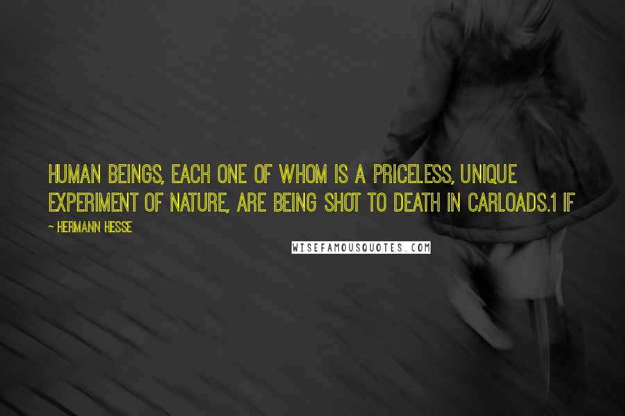 Hermann Hesse Quotes: human beings, each one of whom is a priceless, unique experiment of nature, are being shot to death in carloads.1 If