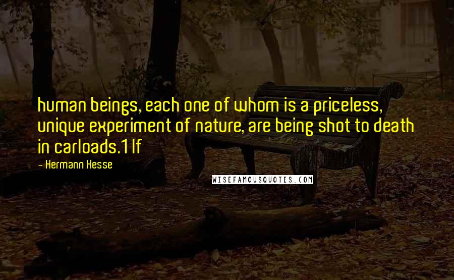 Hermann Hesse Quotes: human beings, each one of whom is a priceless, unique experiment of nature, are being shot to death in carloads.1 If