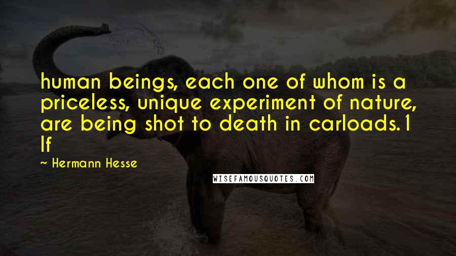 Hermann Hesse Quotes: human beings, each one of whom is a priceless, unique experiment of nature, are being shot to death in carloads.1 If