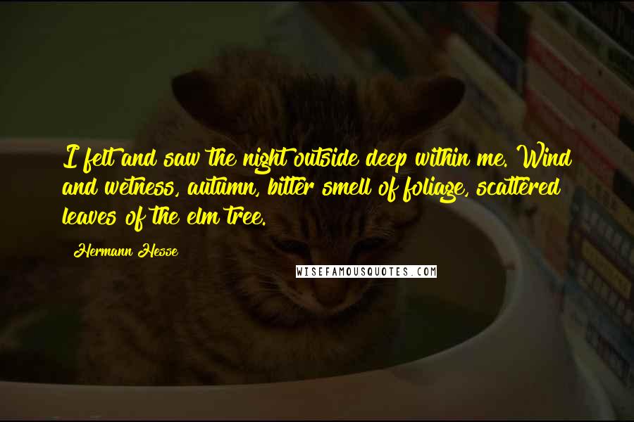 Hermann Hesse Quotes: I felt and saw the night outside deep within me. Wind and wetness, autumn, bitter smell of foliage, scattered leaves of the elm tree.