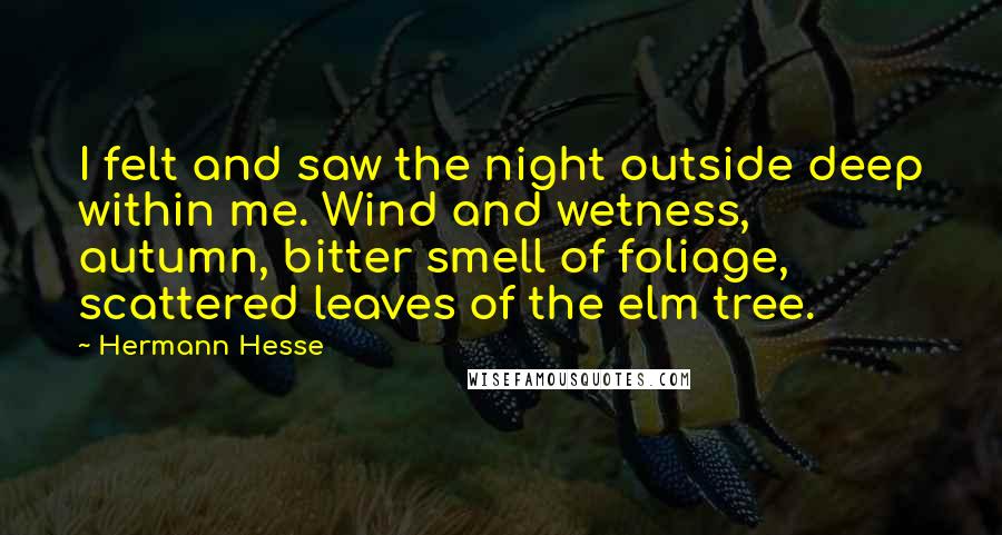Hermann Hesse Quotes: I felt and saw the night outside deep within me. Wind and wetness, autumn, bitter smell of foliage, scattered leaves of the elm tree.
