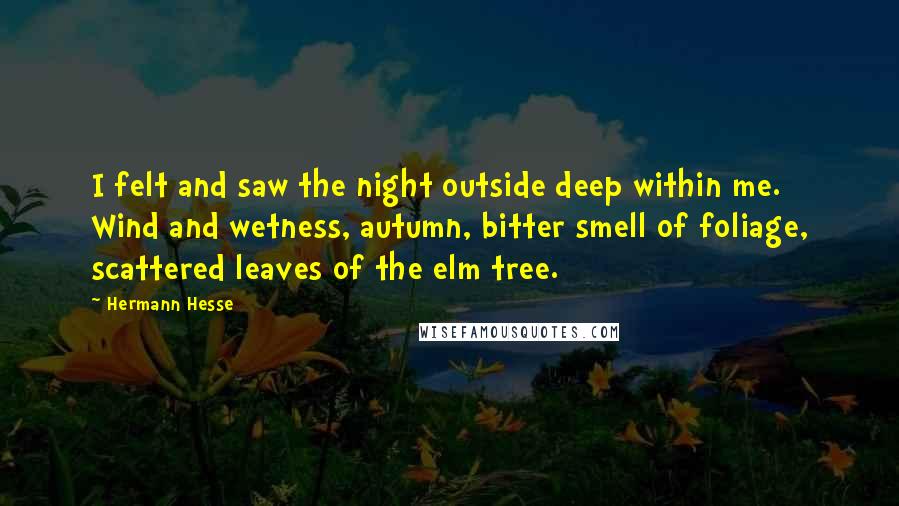 Hermann Hesse Quotes: I felt and saw the night outside deep within me. Wind and wetness, autumn, bitter smell of foliage, scattered leaves of the elm tree.