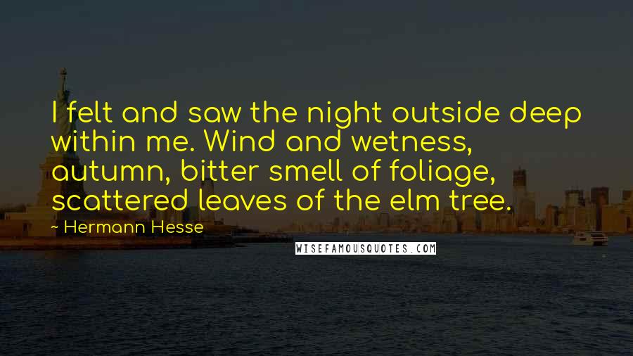 Hermann Hesse Quotes: I felt and saw the night outside deep within me. Wind and wetness, autumn, bitter smell of foliage, scattered leaves of the elm tree.