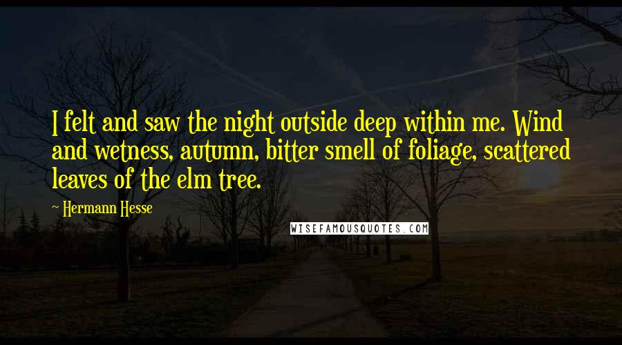 Hermann Hesse Quotes: I felt and saw the night outside deep within me. Wind and wetness, autumn, bitter smell of foliage, scattered leaves of the elm tree.