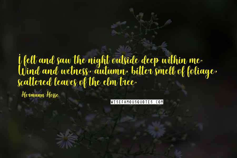 Hermann Hesse Quotes: I felt and saw the night outside deep within me. Wind and wetness, autumn, bitter smell of foliage, scattered leaves of the elm tree.