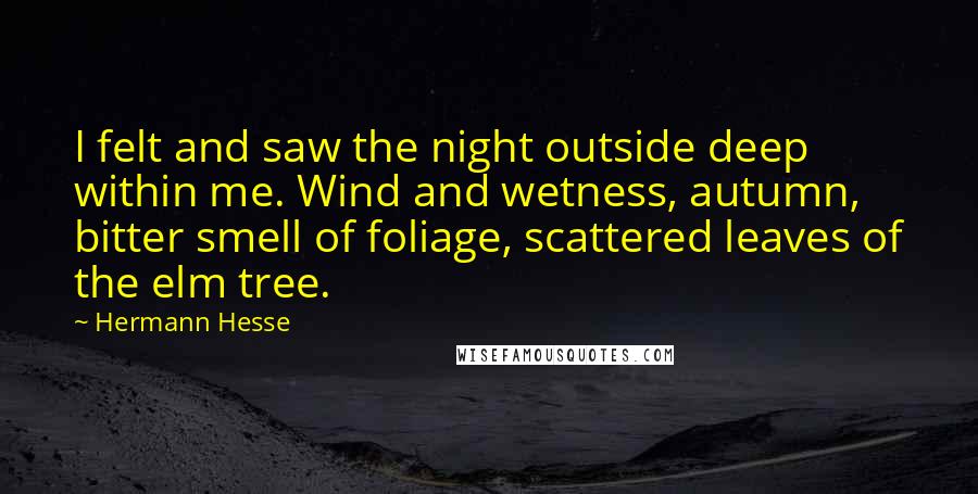 Hermann Hesse Quotes: I felt and saw the night outside deep within me. Wind and wetness, autumn, bitter smell of foliage, scattered leaves of the elm tree.