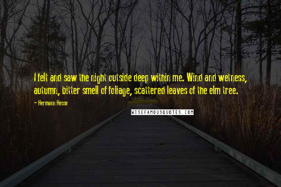 Hermann Hesse Quotes: I felt and saw the night outside deep within me. Wind and wetness, autumn, bitter smell of foliage, scattered leaves of the elm tree.