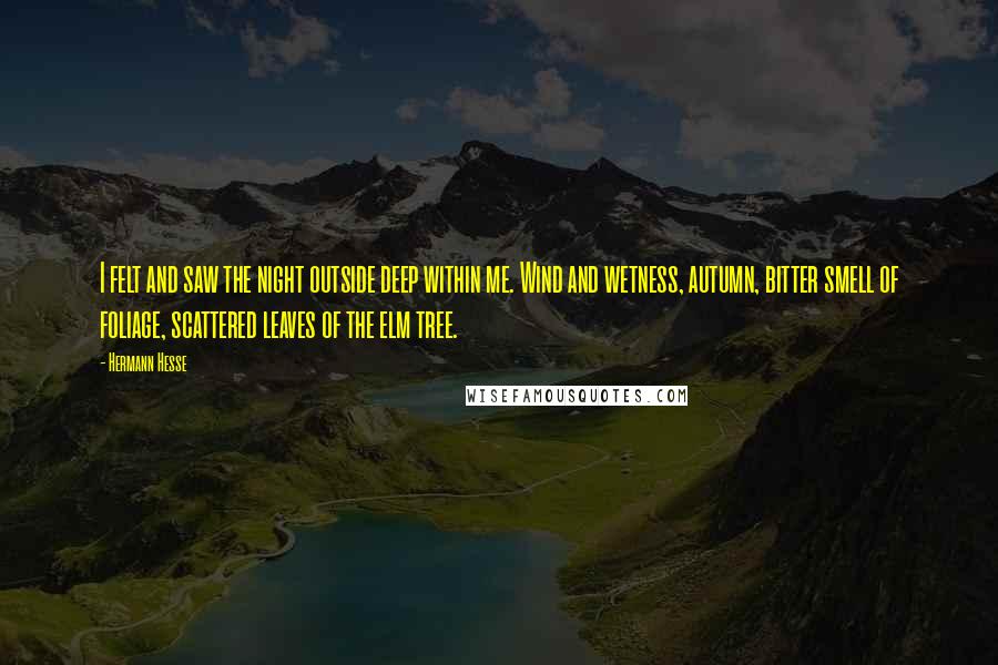 Hermann Hesse Quotes: I felt and saw the night outside deep within me. Wind and wetness, autumn, bitter smell of foliage, scattered leaves of the elm tree.