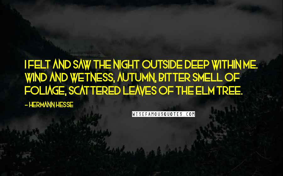 Hermann Hesse Quotes: I felt and saw the night outside deep within me. Wind and wetness, autumn, bitter smell of foliage, scattered leaves of the elm tree.