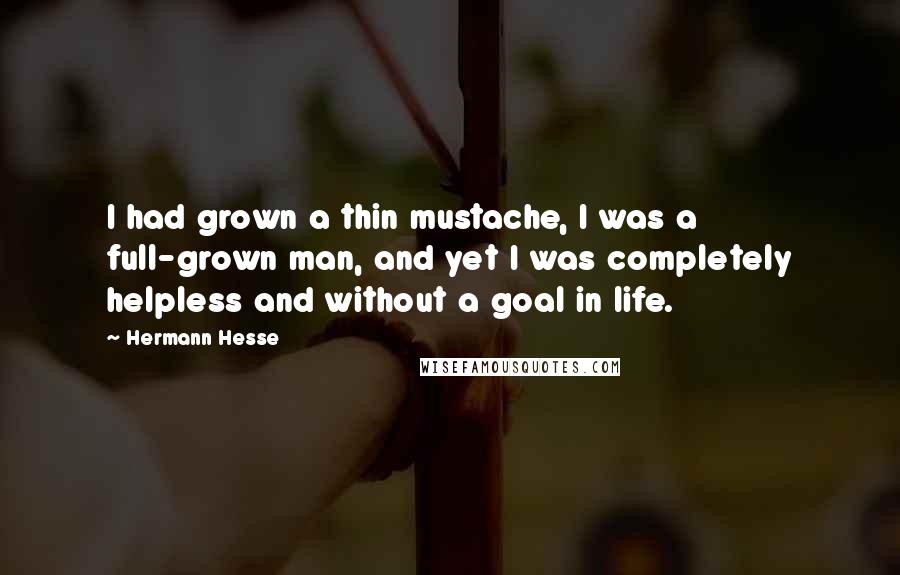 Hermann Hesse Quotes: I had grown a thin mustache, I was a full-grown man, and yet I was completely helpless and without a goal in life.