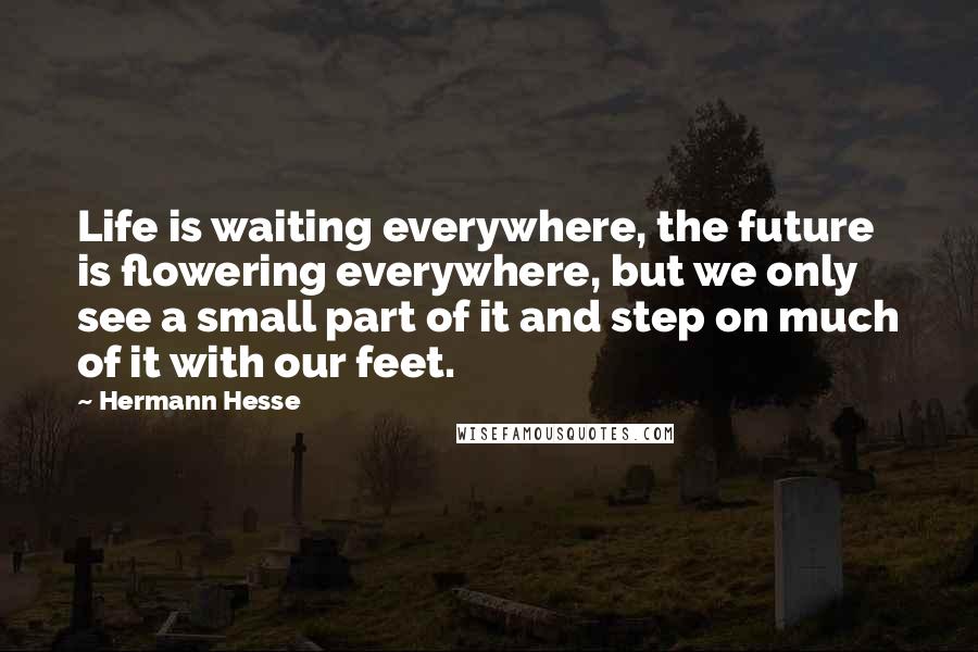 Hermann Hesse Quotes: Life is waiting everywhere, the future is flowering everywhere, but we only see a small part of it and step on much of it with our feet.
