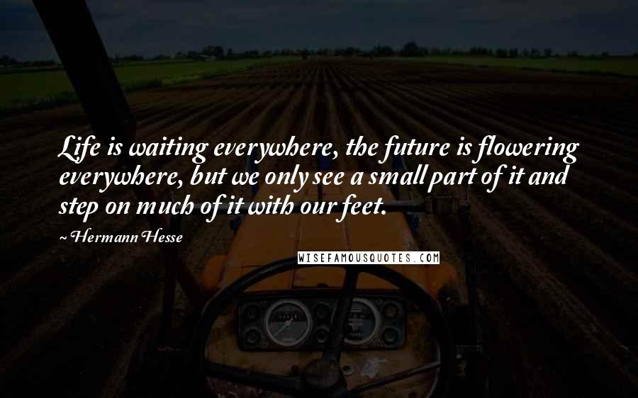 Hermann Hesse Quotes: Life is waiting everywhere, the future is flowering everywhere, but we only see a small part of it and step on much of it with our feet.