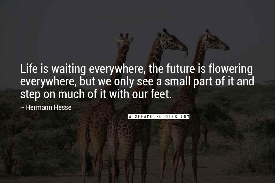 Hermann Hesse Quotes: Life is waiting everywhere, the future is flowering everywhere, but we only see a small part of it and step on much of it with our feet.