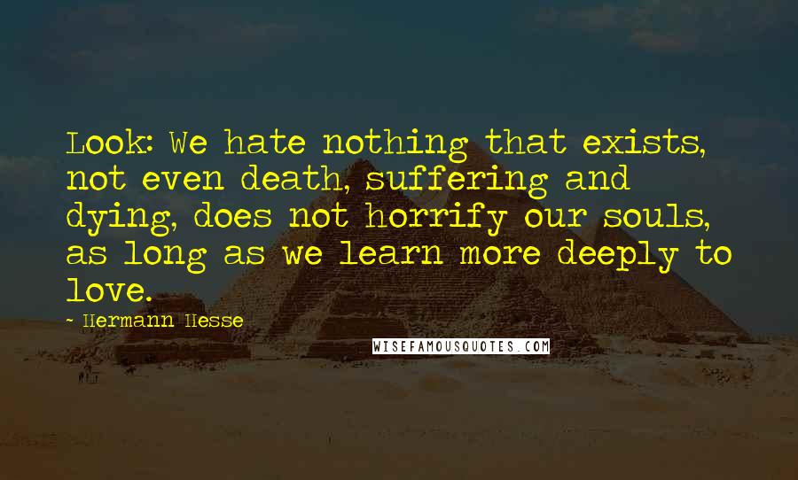 Hermann Hesse Quotes: Look: We hate nothing that exists, not even death, suffering and dying, does not horrify our souls, as long as we learn more deeply to love.