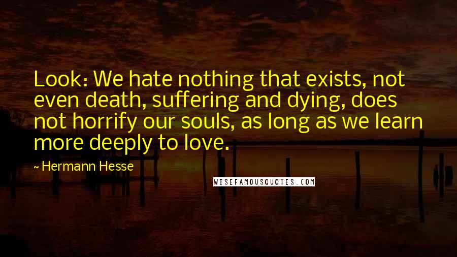 Hermann Hesse Quotes: Look: We hate nothing that exists, not even death, suffering and dying, does not horrify our souls, as long as we learn more deeply to love.