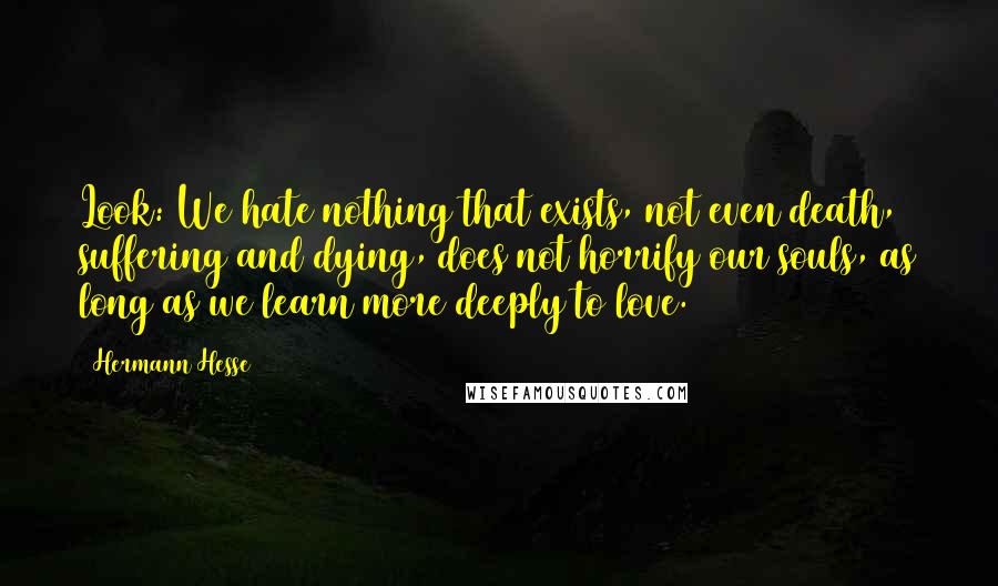 Hermann Hesse Quotes: Look: We hate nothing that exists, not even death, suffering and dying, does not horrify our souls, as long as we learn more deeply to love.