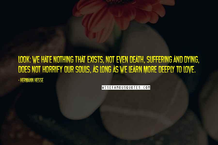 Hermann Hesse Quotes: Look: We hate nothing that exists, not even death, suffering and dying, does not horrify our souls, as long as we learn more deeply to love.